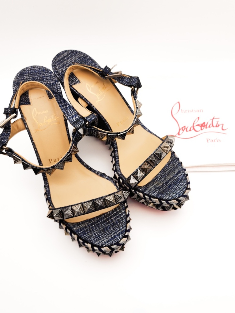 Christian Louboutin Metallic Denim Silver Espadrille Platform Sandals EU 39 - Picture 8 of 8